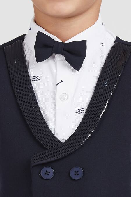 Petite Pomme_White Cotton Satin, Polyester Navy Blue Kids 4-piece Suit Set _at_Aza_Fashions