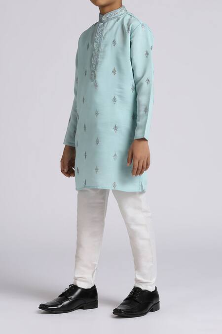 Buy_Petite Pomme_Teal Silk, Cotton Sequins Blue Sequence Embroidered Kurta Set _Online_at_Aza_Fashions