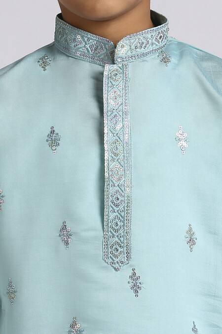 Shop_Petite Pomme_Teal Silk, Cotton Sequins Blue Sequence Embroidered Kurta Set _Online_at_Aza_Fashions