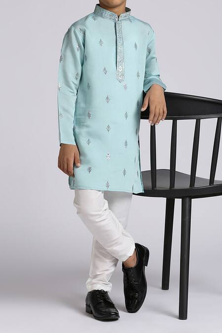Petite Pomme_Teal Silk, Cotton Sequins Blue Sequence Embroidered Kurta Set _at_Aza_Fashions