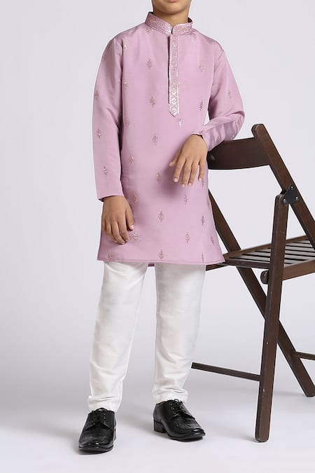 Shop_Petite Pomme_Purple Silk, Cotton Sequins Sequence Embroidered Kurta Set _Online_at_Aza_Fashions
