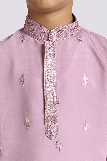 Petite Pomme_Purple Silk, Cotton Sequins Sequence Embroidered Kurta Set _at_Aza_Fashions