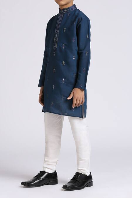 Buy_Petite Pomme_Blue Silk, Cotton Sequins Embroidered Kurta Set _Online_at_Aza_Fashions