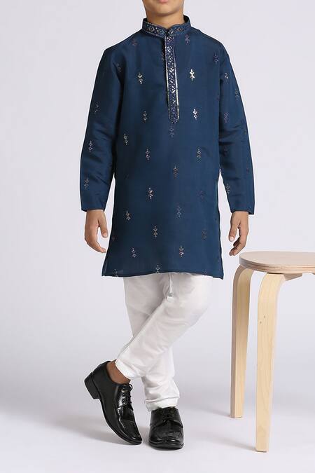 Shop_Petite Pomme_Blue Silk, Cotton Sequins Embroidered Kurta Set _Online_at_Aza_Fashions