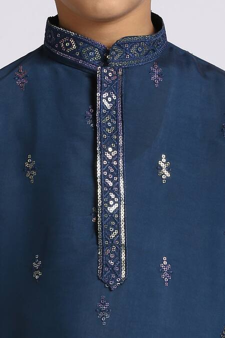 Petite Pomme_Blue Silk, Cotton Sequins Embroidered Kurta Set _at_Aza_Fashions