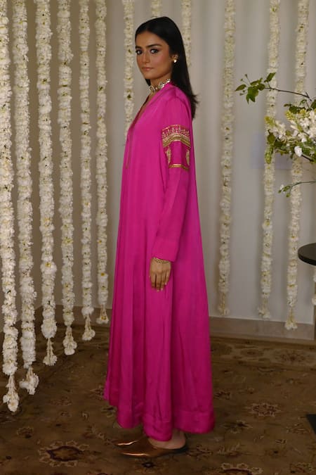Buy_Shorshe Clothing_Pink Satin, Silk Embroidery Split V-neck Hand Anarkali _Online_at_Aza_Fashions