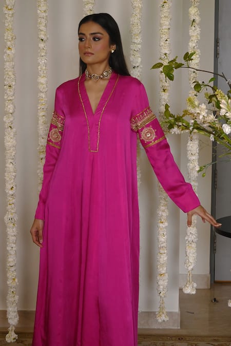 Shop_Shorshe Clothing_Pink Satin, Silk Embroidery Split V-neck Hand Anarkali _Online_at_Aza_Fashions
