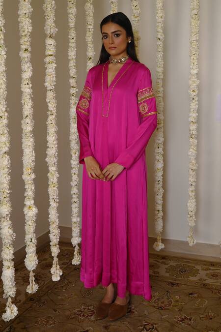 Shorshe Clothing_Pink Satin, Silk Embroidery Split V-neck Hand Anarkali _at_Aza_Fashions