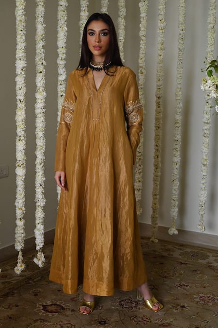 Shorshe Clothing_Gold Handloom Cotton, Tissue Embroidery, Lace Split Antique Handwoven Anarkali _Online_at_Aza_Fashions