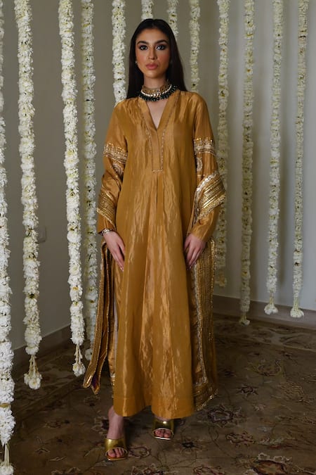 Shop_Shorshe Clothing_Gold Handloom Cotton, Tissue Embroidery, Lace Split Antique Handwoven Anarkali _Online_at_Aza_Fashions