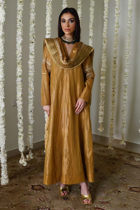 Shorshe Clothing_Gold Handloom Cotton, Tissue Embroidery, Lace Split Antique Handwoven Anarkali _at_Aza_Fashions