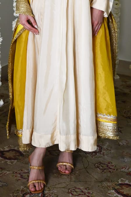 Shorshe Clothing_Ivory Satin, Silk Embroidery, Lace V-neck Designer Anarkali _Online_at_Aza_Fashions