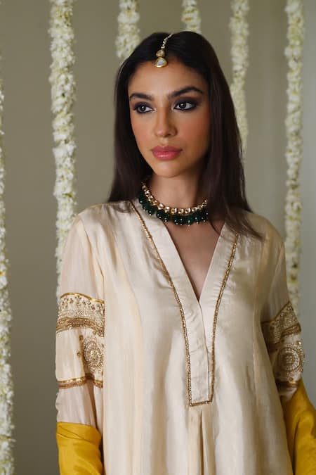 Buy_Shorshe Clothing_Ivory Satin, Silk Embroidery, Lace V-neck Designer Anarkali _Online_at_Aza_Fashions