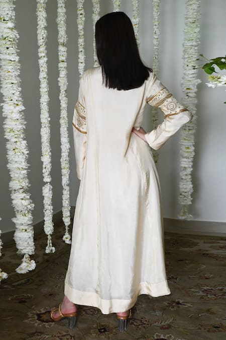 Shop_Shorshe Clothing_Ivory Satin, Silk Embroidery, Lace V-neck Designer Anarkali _at_Aza_Fashions