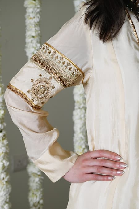 Shop_Shorshe Clothing_Ivory Satin, Silk Embroidery, Lace V-neck Designer Anarkali _Online_at_Aza_Fashions