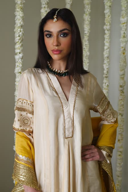 Shorshe Clothing_Ivory Satin, Silk Embroidery, Lace V-neck Designer Anarkali _at_Aza_Fashions