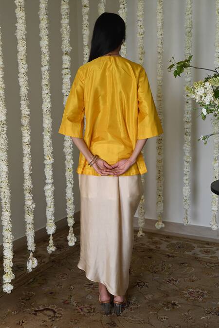 Shop_Shorshe Clothing_Yellow Silk, Satin Embroidery V-neck Hand Kurta Set _at_Aza_Fashions