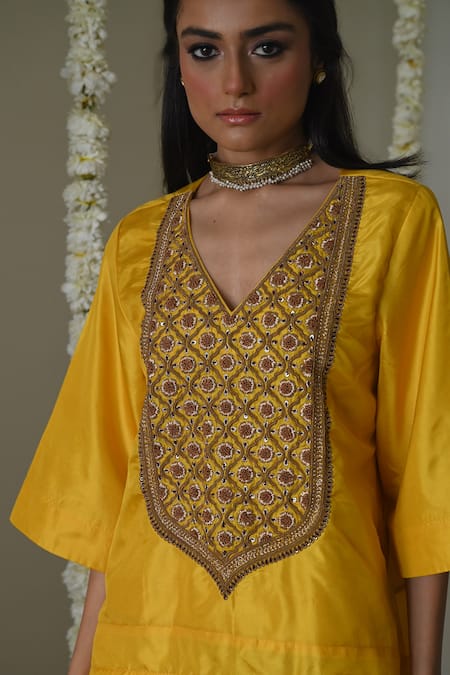 Buy_Shorshe Clothing_Yellow Silk, Satin Embroidery V-neck Hand Kurta Set _Online_at_Aza_Fashions