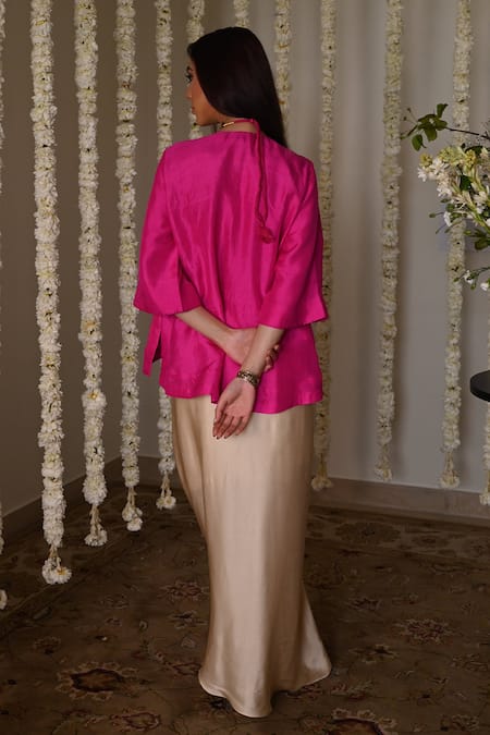 Shop_Shorshe Clothing_Pink Silk, Satin Embroidery V-neck Hot Hand Kurta Set _at_Aza_Fashions