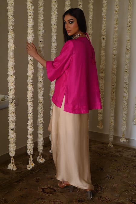 Shorshe Clothing_Pink Silk, Satin Embroidery V-neck Hot Hand Kurta Set _Online_at_Aza_Fashions