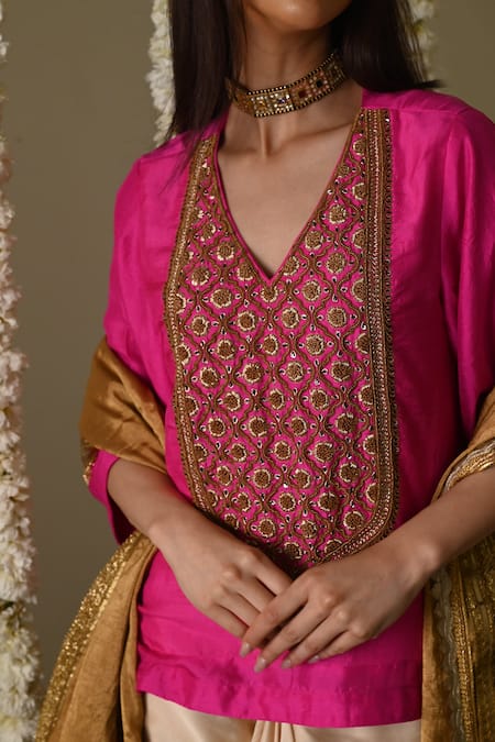 Shop_Shorshe Clothing_Pink Silk, Satin Embroidery V-neck Hot Hand Kurta Set _Online_at_Aza_Fashions