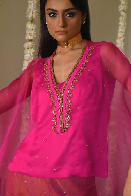 Buy_Shorshe Clothing_Pink Organza, Tissue Embroidery, Lace V-neck Hot Kaftan Set With Gharara_Online_at_Aza_Fashions