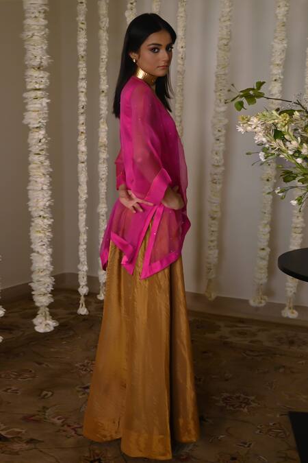 Shop_Shorshe Clothing_Pink Organza, Tissue Embroidery, Lace V-neck Hot Kaftan Set With Gharara_Online_at_Aza_Fashions