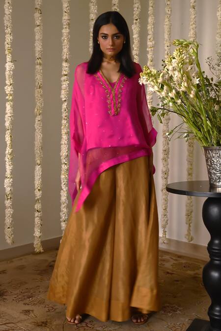 Shorshe Clothing_Pink Organza, Tissue Embroidery, Lace V-neck Hot Kaftan Set With Gharara_at_Aza_Fashions