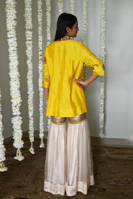 Shop_Shorshe Clothing_Yellow Silk, Organza, Satin Embroidery, Lace V-neck Raw Kurta Set _at_Aza_Fashions
