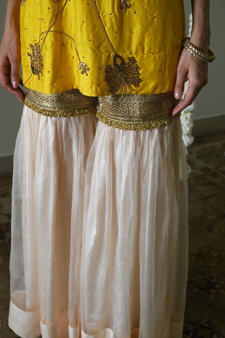 Buy_Shorshe Clothing_Yellow Silk, Organza, Satin Embroidery, Lace V-neck Raw Kurta Set _Online_at_Aza_Fashions