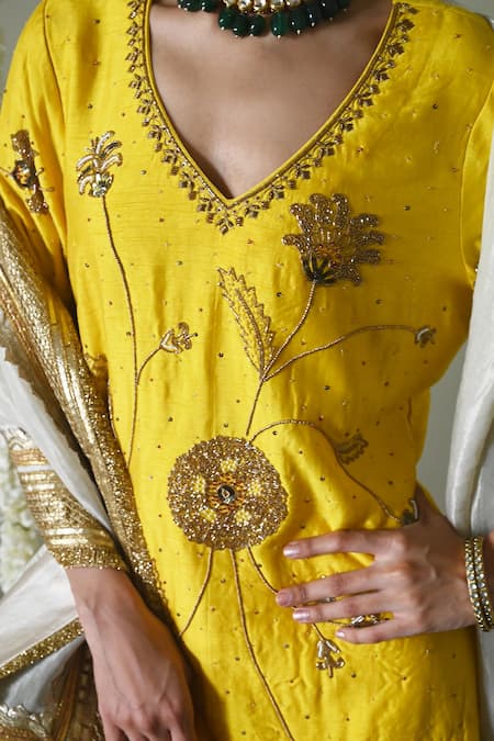 Shop_Shorshe Clothing_Yellow Silk, Organza, Satin Embroidery, Lace V-neck Raw Kurta Set _Online_at_Aza_Fashions
