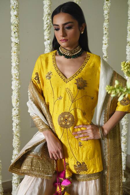 Shorshe Clothing_Yellow Silk, Organza, Satin Embroidery, Lace V-neck Raw Kurta Set _at_Aza_Fashions