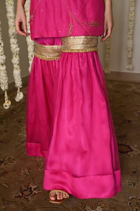 Shorshe Clothing_Pink Silk, Organza Lace V-neck Hot Hand Embroidered Kurta And Sharara Set _Online_at_Aza_Fashions