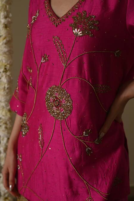Buy_Shorshe Clothing_Pink Silk, Organza Lace V-neck Hot Hand Embroidered Kurta And Sharara Set _Online_at_Aza_Fashions