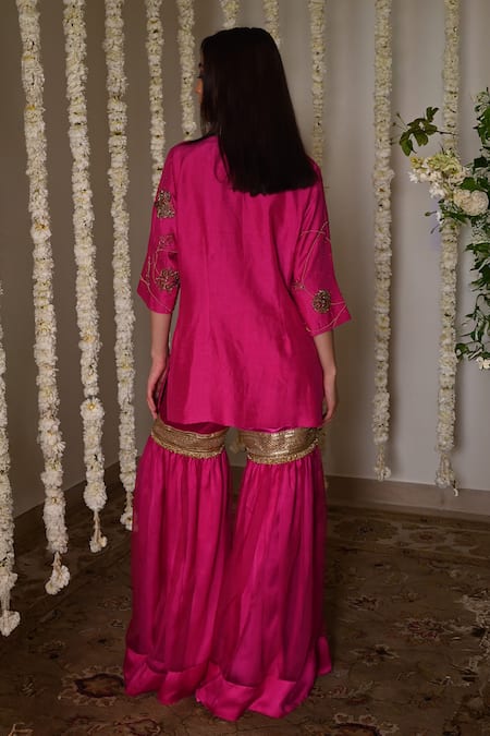 Shop_Shorshe Clothing_Pink Silk, Organza Lace V-neck Hot Hand Embroidered Kurta And Sharara Set _at_Aza_Fashions
