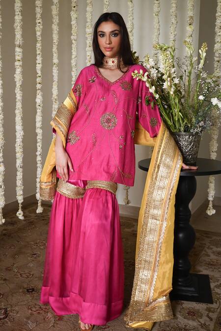 Shop_Shorshe Clothing_Pink Silk, Organza Lace V-neck Hot Hand Embroidered Kurta And Sharara Set _Online_at_Aza_Fashions