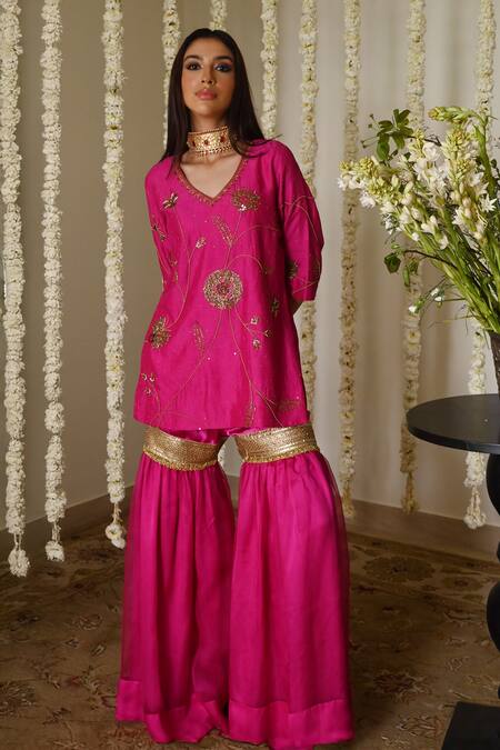 Shorshe Clothing_Pink Silk, Organza Lace V-neck Hot Hand Embroidered Kurta And Sharara Set _at_Aza_Fashions
