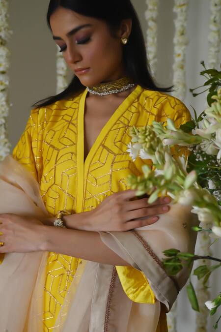 Shorshe Clothing_Yellow Chanderi, Satin Embroidery V-neck Hand Kurta With Cowl Palazzo _Online_at_Aza_Fashions