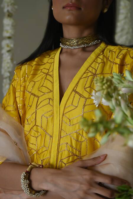 Buy_Shorshe Clothing_Yellow Chanderi, Satin Embroidery V-neck Hand Kurta With Cowl Palazzo _Online_at_Aza_Fashions