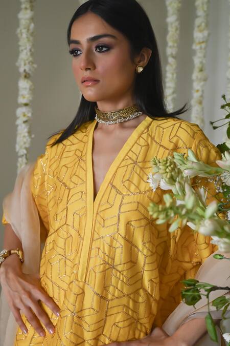 Shop Shorshe Clothing Yellow Chanderi, Satin Embroidery V-neck Hand Kurta With Cowl Palazzo Online at Aza Fashions Shop_Shorshe Clothing_Yellow Chanderi, Satin Embroidery V-neck Hand Kurta With Cowl Palazzo _Online_at_Aza_Fashions
