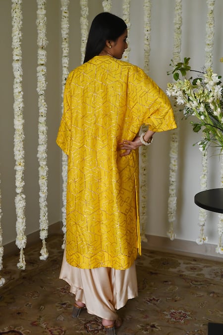 Shop_Shorshe Clothing_Yellow Chanderi, Satin Embroidery V-neck Hand Kurta With Cowl Palazzo _at_Aza_Fashions