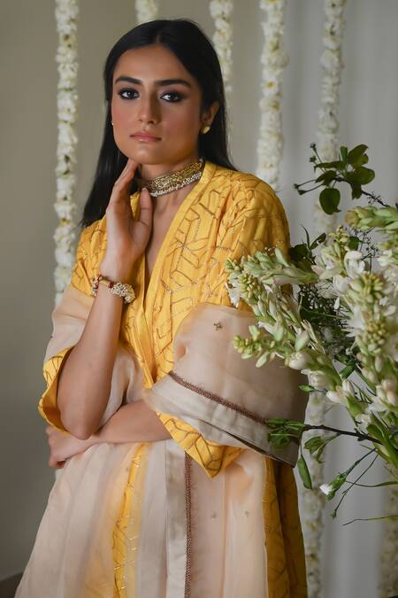 Shop Shorshe Clothing Yellow Chanderi, Satin Embroidery V-neck Hand Kurta With Cowl Palazzo Shop_Shorshe Clothing_Yellow Chanderi, Satin Embroidery V-neck Hand Kurta With Cowl Palazzo