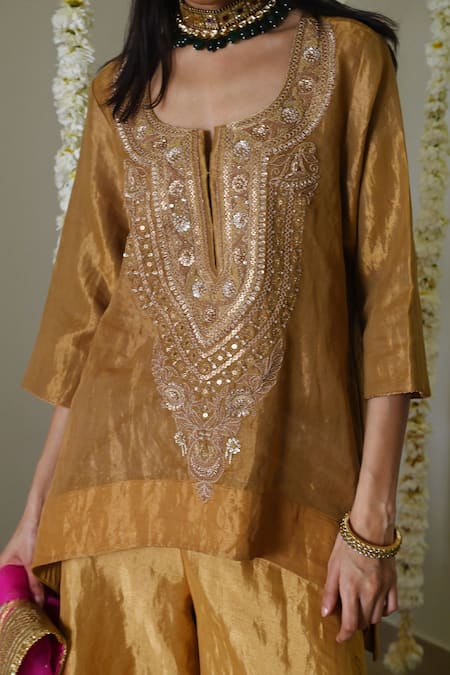 Shorshe Clothing_Gold Handloom Cotton, Tissue Embroidery, Lace Round Neck Kurta Garara Set _Online_at_Aza_Fashions