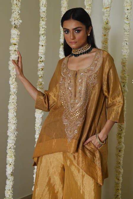 Buy_Shorshe Clothing_Gold Handloom Cotton, Tissue Embroidery, Lace Round Neck Kurta Garara Set _Online_at_Aza_Fashions