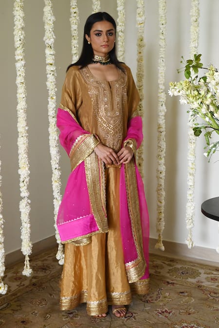 Shop_Shorshe Clothing_Gold Handloom Cotton, Tissue Embroidery, Lace Round Neck Kurta Garara Set _Online_at_Aza_Fashions