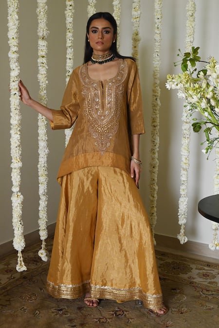 Shop_Shorshe Clothing_Gold Handloom Cotton, Tissue Embroidery, Lace Round Neck Kurta Garara Set _at_Aza_Fashions