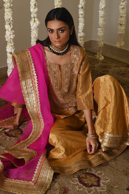 Shorshe Clothing_Gold Handloom Cotton, Tissue Embroidery, Lace Round Neck Kurta Garara Set _at_Aza_Fashions