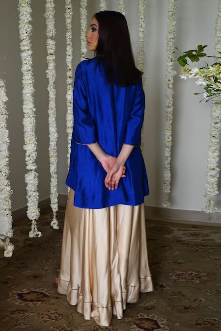 Shop_Shorshe Clothing_Blue , Satin Embroidery, Lace Round Royal Kurta And Ivory Garara Set _at_Aza_Fashions
