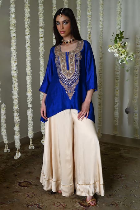 Shorshe Clothing_Blue , Satin Embroidery, Lace Round Royal Kurta And Ivory Garara Set _Online_at_Aza_Fashions