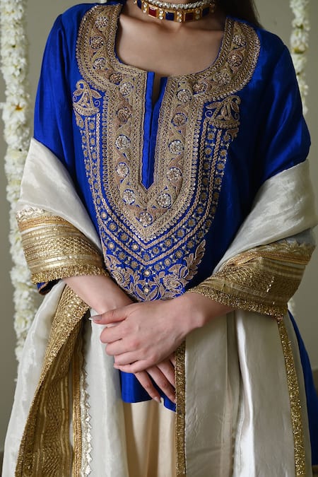 Buy_Shorshe Clothing_Blue , Satin Embroidery, Lace Round Royal Kurta And Ivory Garara Set _Online_at_Aza_Fashions